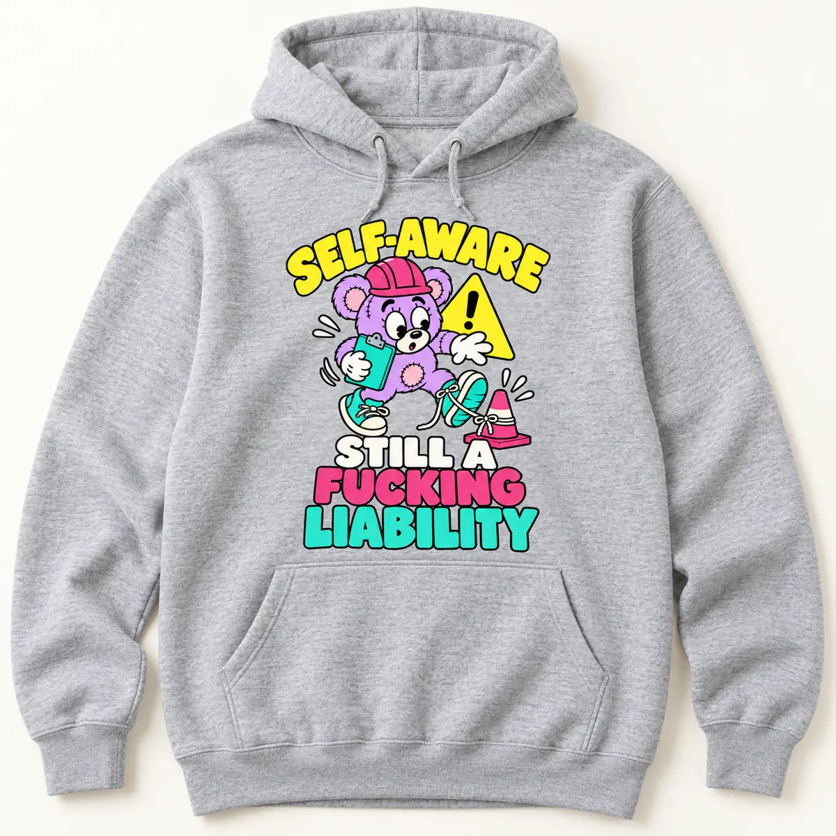Light heather grey hoodie featuring the Little Liabilities Fucking Liability cartoon design: SELF-AWARE; STILL A; FUCKING; LIABILITY